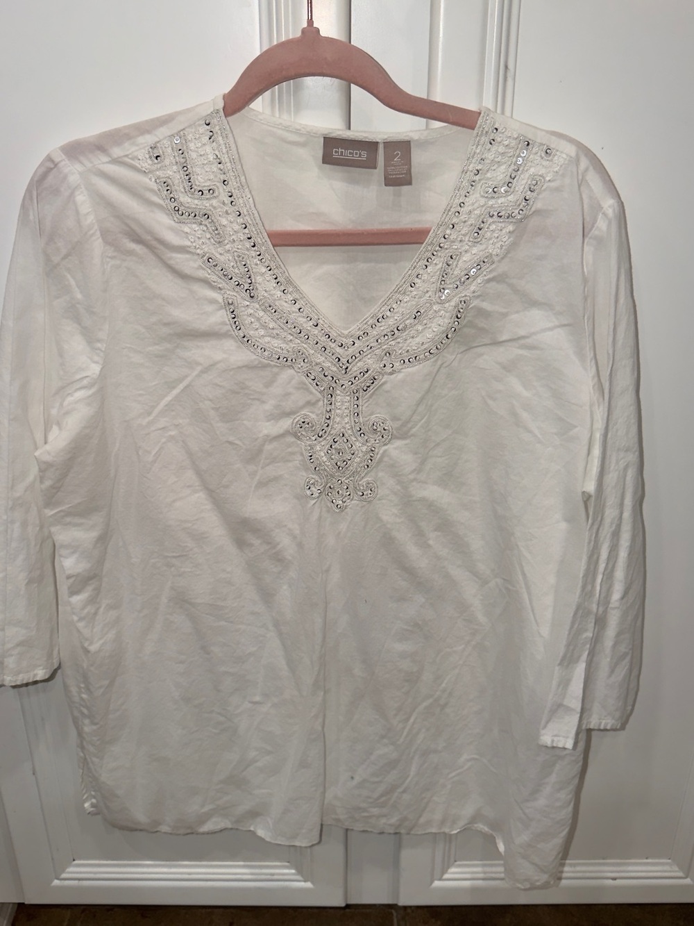 Chico's White Embellished V-Neck Women's Top